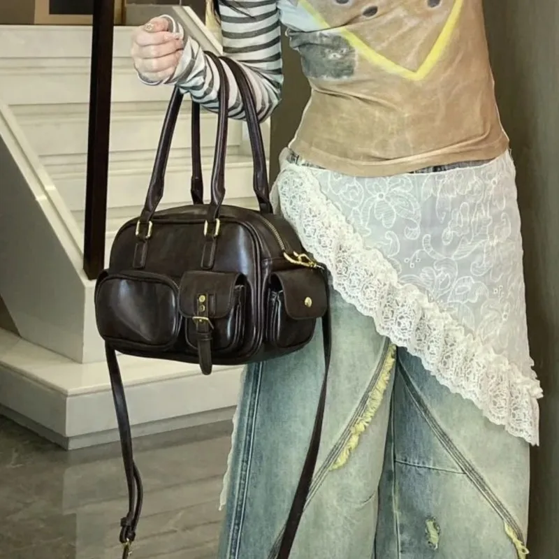 

Retro Brown Bowling Tote Bag Women Ladies Leather Multi Pocket Large Capacity Shoulder Bag Ladies Fashion Boston Crossbody Bags