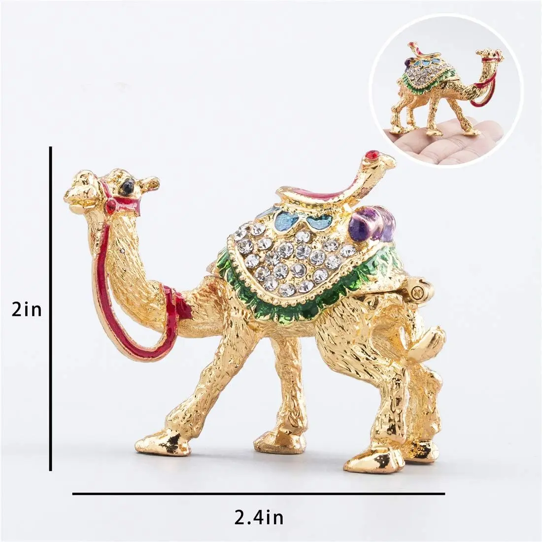 H&D  Crystal Camel Figurines Decor Ornament,Golden Enamel Camel Statues Animal Trinket Jewelry Box Hinged