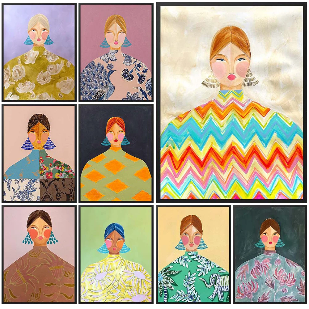 

Illustration Girl Portrait Woman Nordic Poster Wall Art Canvas Painting Home Decor Wall Pictures For Living Room Unframed