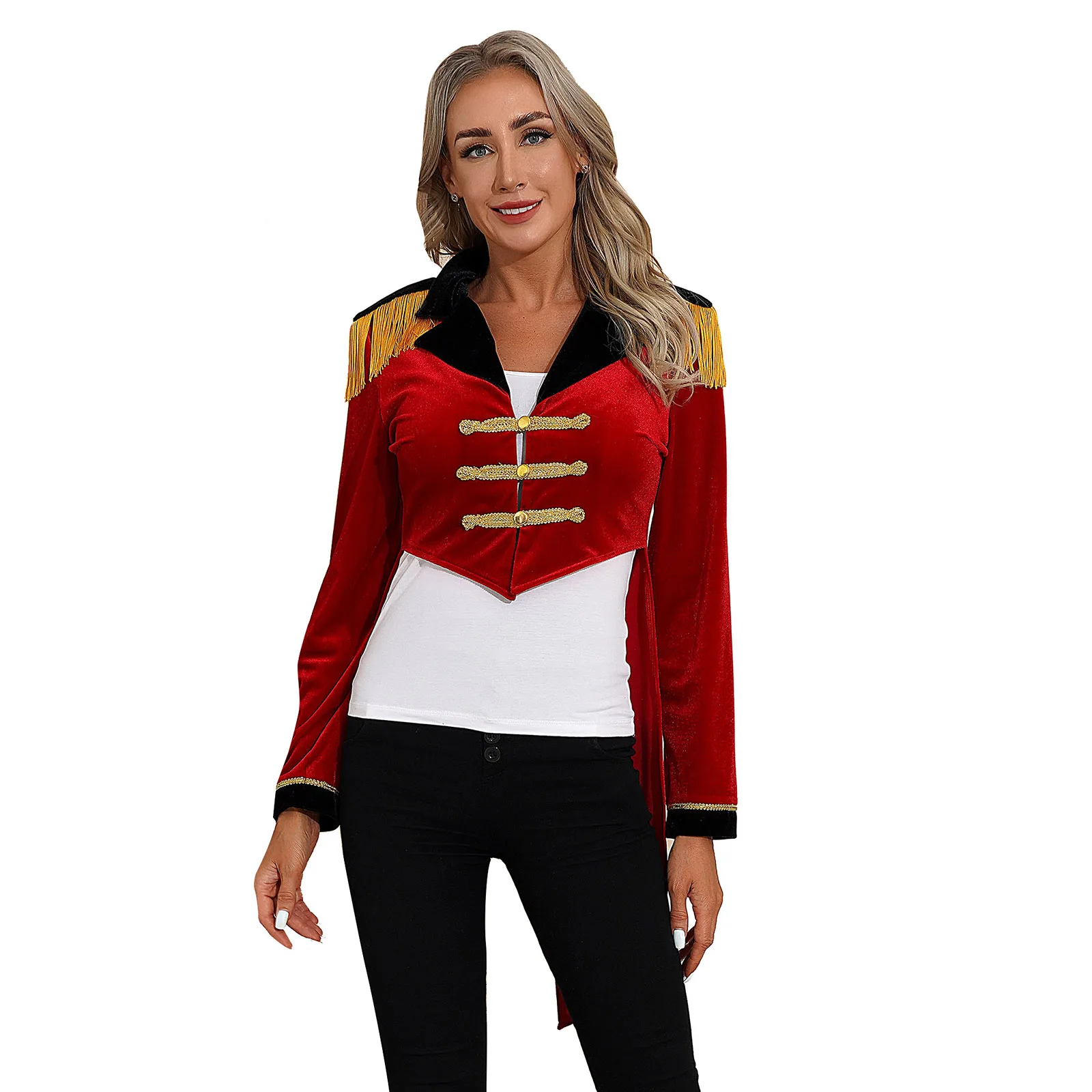 

Halloween Ringmaster Cosplay Coat for Womens Velvet Color Block Lapel Long Sleeve Tailcoat Circus Show Stage Performance Costume