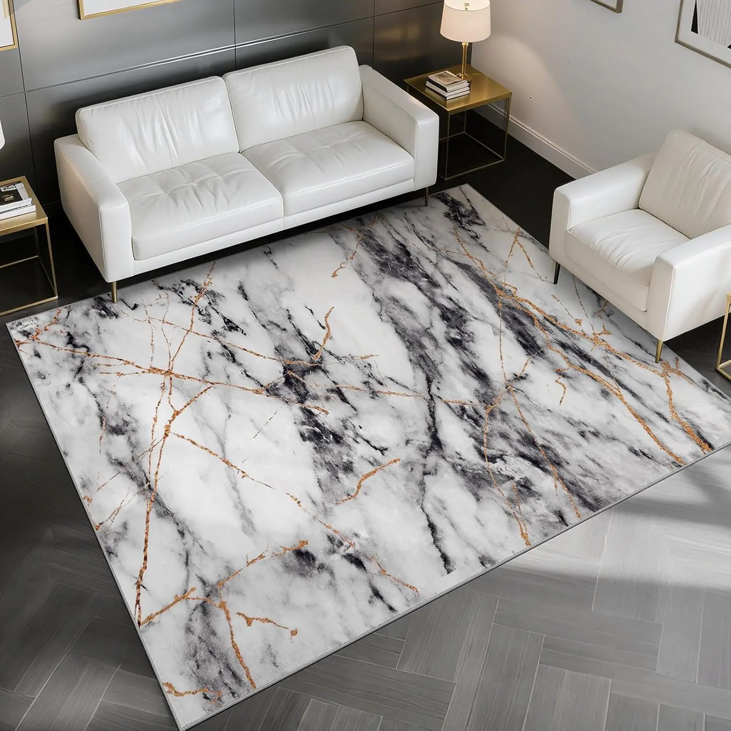 

Abstract Area Rug Washable Rug with Non-Slip Backing Low Pile Area Rugs for Living Room,Bedroom,Dining Room,4x6, Gold&Grey