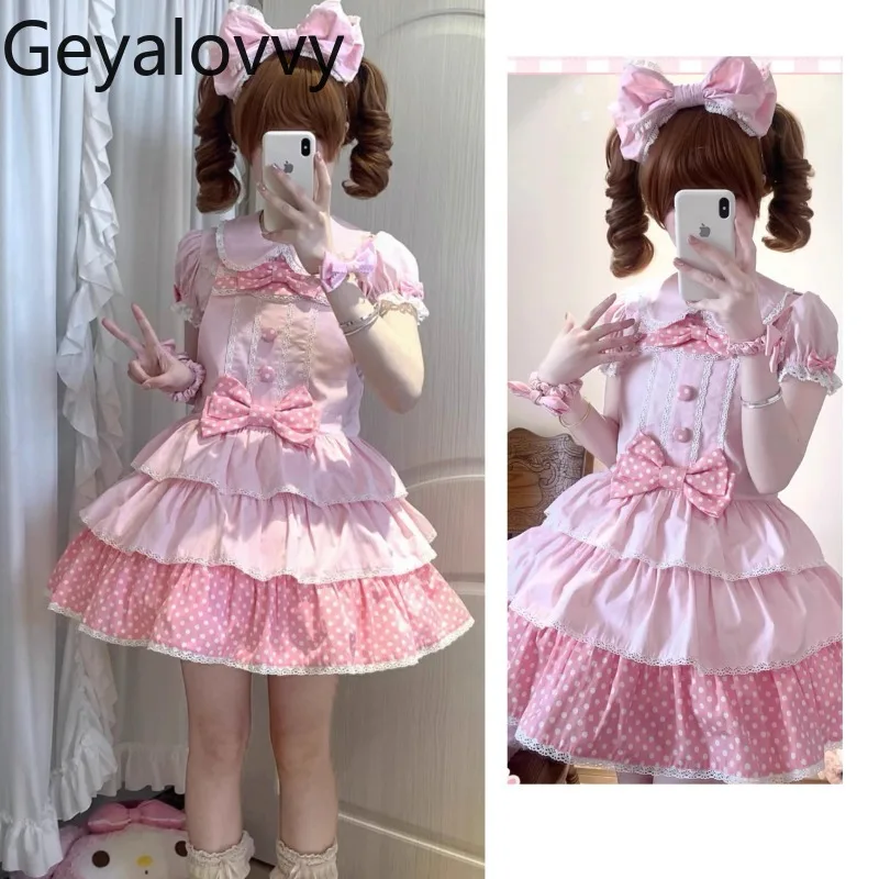 

College Polka Dot Pink Suspender Dress Sweet Cute Girls Doll Collar Short Sleeve Shirt and Bow High Waist Sleeveless Dresses Set