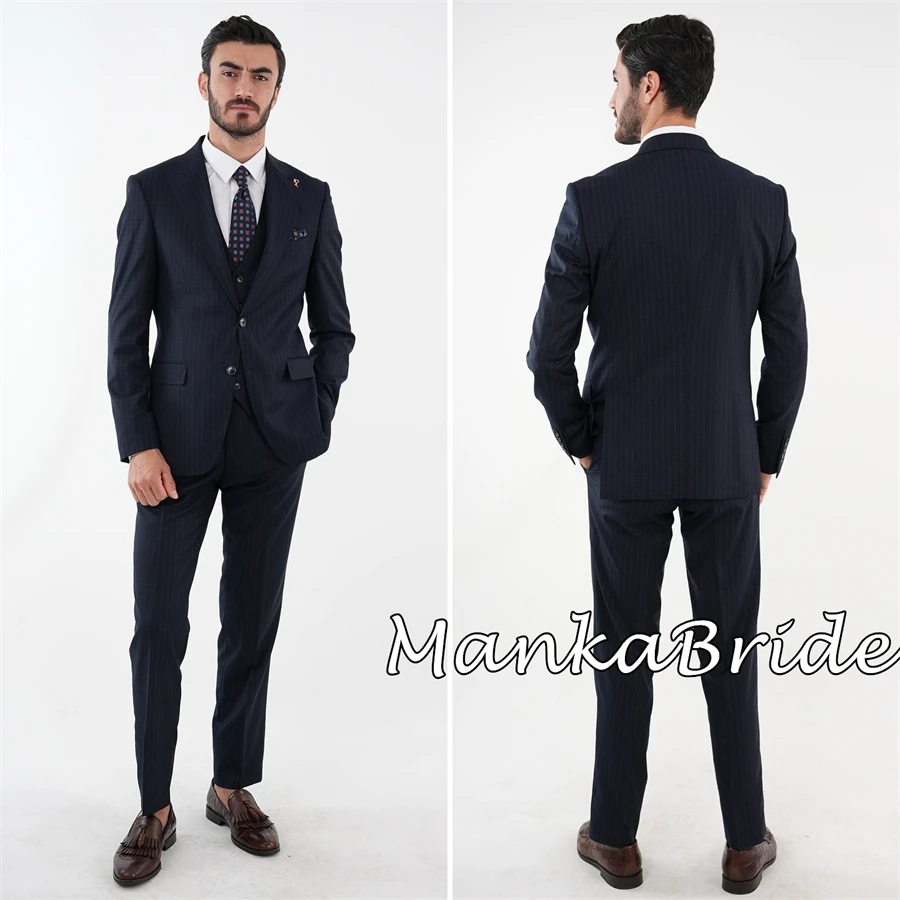 Fato elegante listra cinza masculino, terno masculino completo, blazer de noivo, colete, calças, festa de negócios formal, casamento, 3 peças