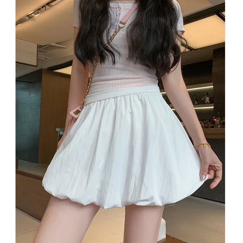 Women Fashion Solid Mini Balloon Skirt High Elastic Waist Female Lady Casual Y2K Short Skirt Vintage Sweet Pleated Shorts Skirt