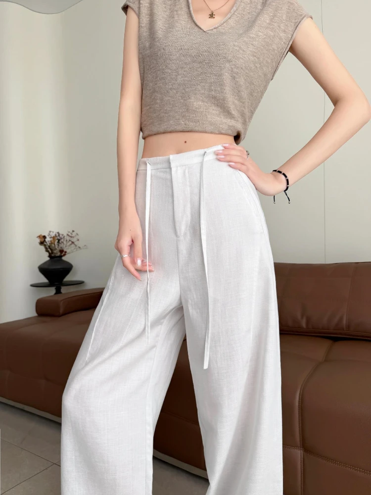 Elegant Cotton Linen Baggy Pants Fashion Women High Waist Drawstring Pocket Loose Wide Leg Pant Casual Streetwear New Trousers