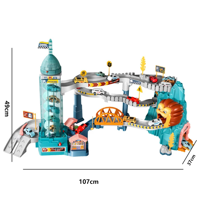 Pista per auto a tema leone per bambini Fonde sotto pressione Regali di festa Compleanno Hot Wheels Giocattoli da corsa educativi per bambini Macchinine da corsa
