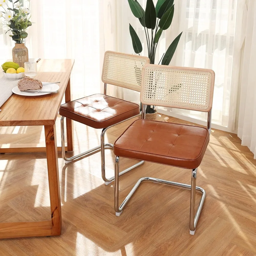 Upholstered Brown Leather Chairs, 2 PCS Rattan Dinner Chairs with Rubber Wood Back Frame and Metal Chrome Legs