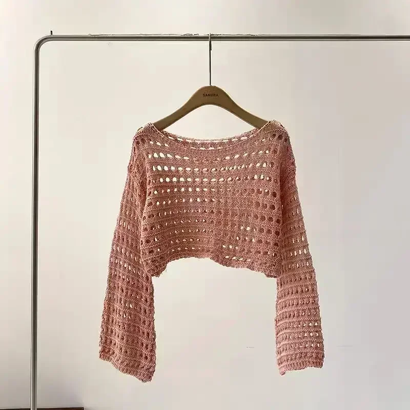 2024 Y2K Long Sleeve Crochet Knit Top Summer Beach Bikini Cover Up Crop Pullover Wool Knitwear Blouse Women Vacation Boho Outfit