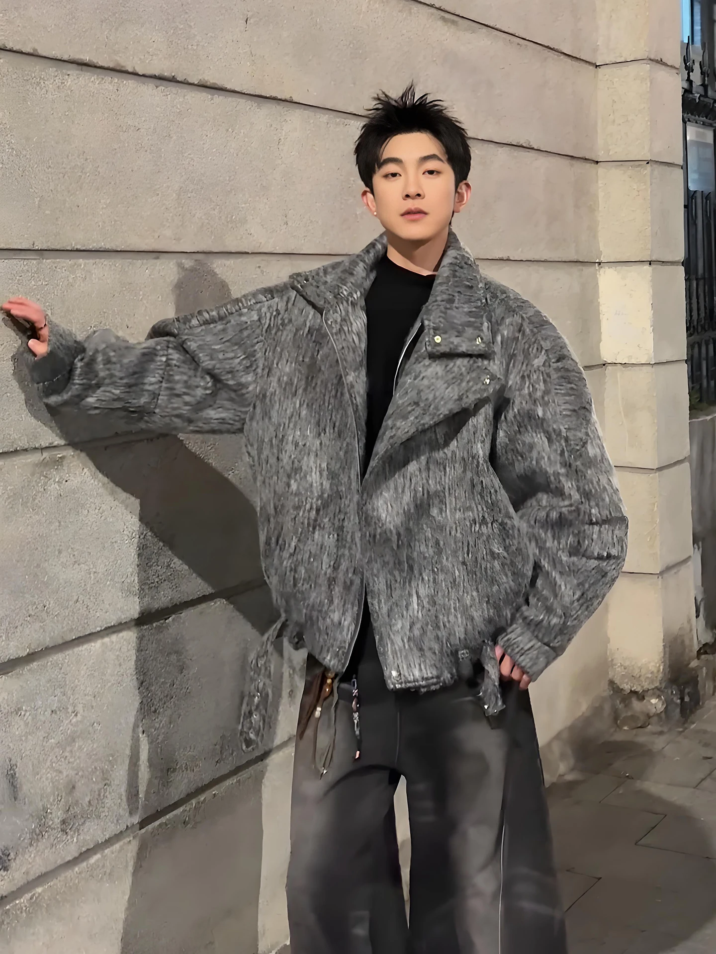 Dark Grey American Style Woolen Men's Jacket Winter Short Cotton Coat Thickened Stand Collar Casual Fashion Youth Trend