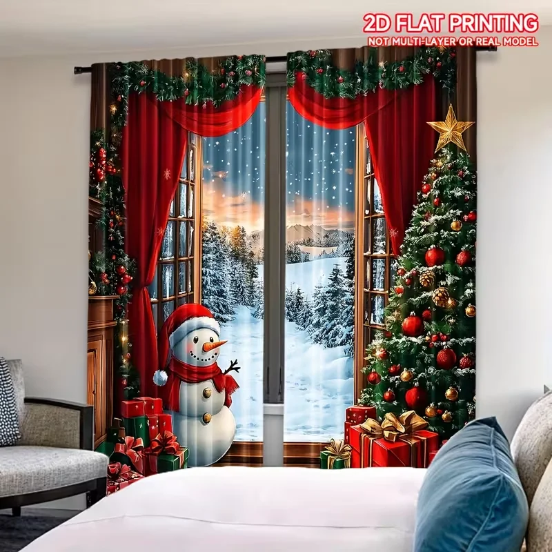 2D Christmas Winter Wonderland Backdrop Rustic Curtain with Xmas Tree, Santa Claus, Snow, and Moon Night Curtain Winter Holiday