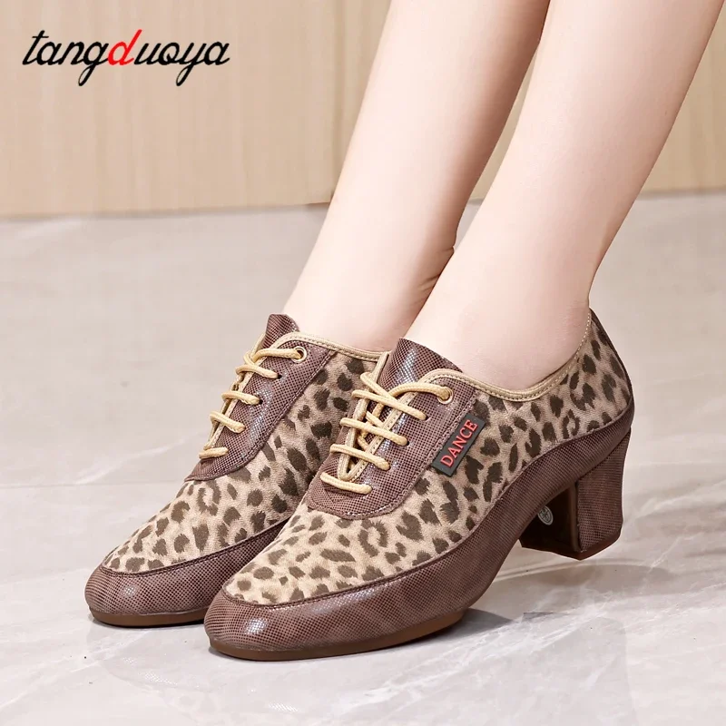 Leopardo treinamento moderno tango dança tênis sapatos de dança jazz feminino tênis balleoom salsa sapatos mulher salto alto 5cm