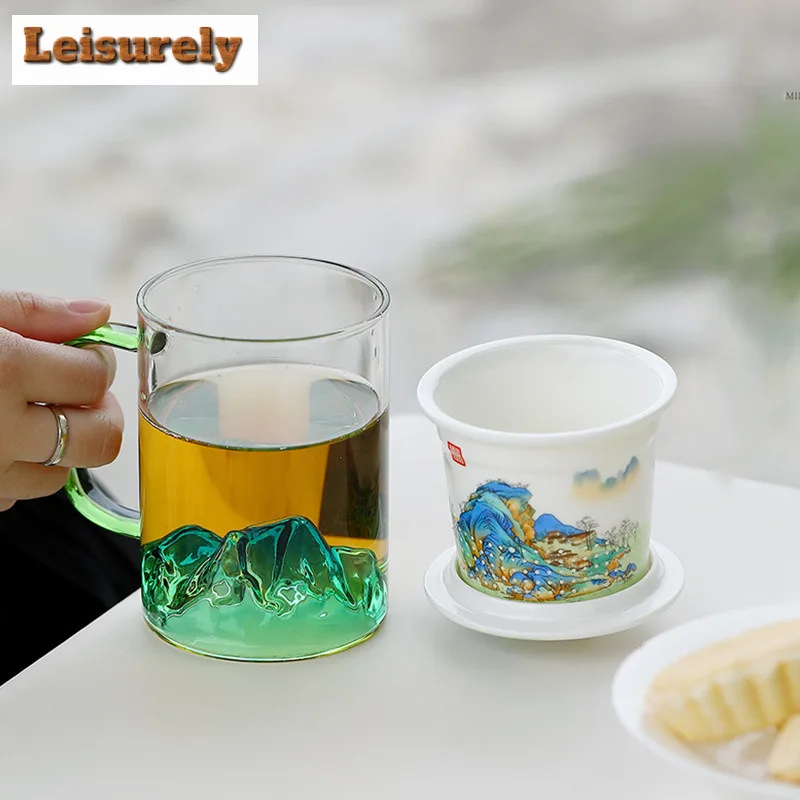 

400ML Landscape Glass Office Work Cup Personal Tea Water Separation Mug Large Capacity White Porcelain Filtration Mug Gift Box