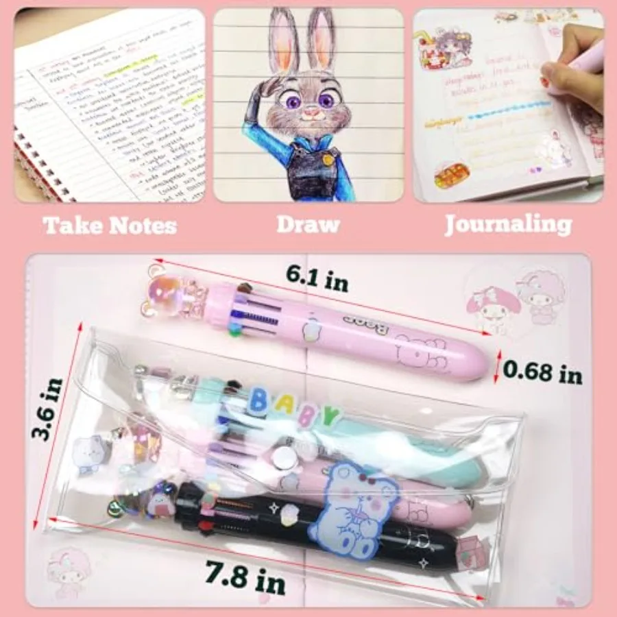 3 عبوات من أقلام متعددة الألوان الكل في واحد 0.7 مم 10 في 1 قلم حبر جاف متعدد مع حقيبة شفافة على شكل دب كريستالي لطيف مثالية لـ Stu