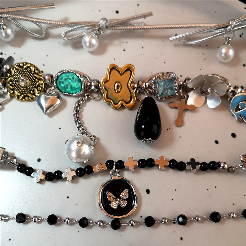 فراشة المختنق اللؤلؤ القوس معدن كريستال زهرة مطرز قلادة للنساء الشرير الجمالية 2000s EMO الجرونج مجوهرات اكسسوارات #6