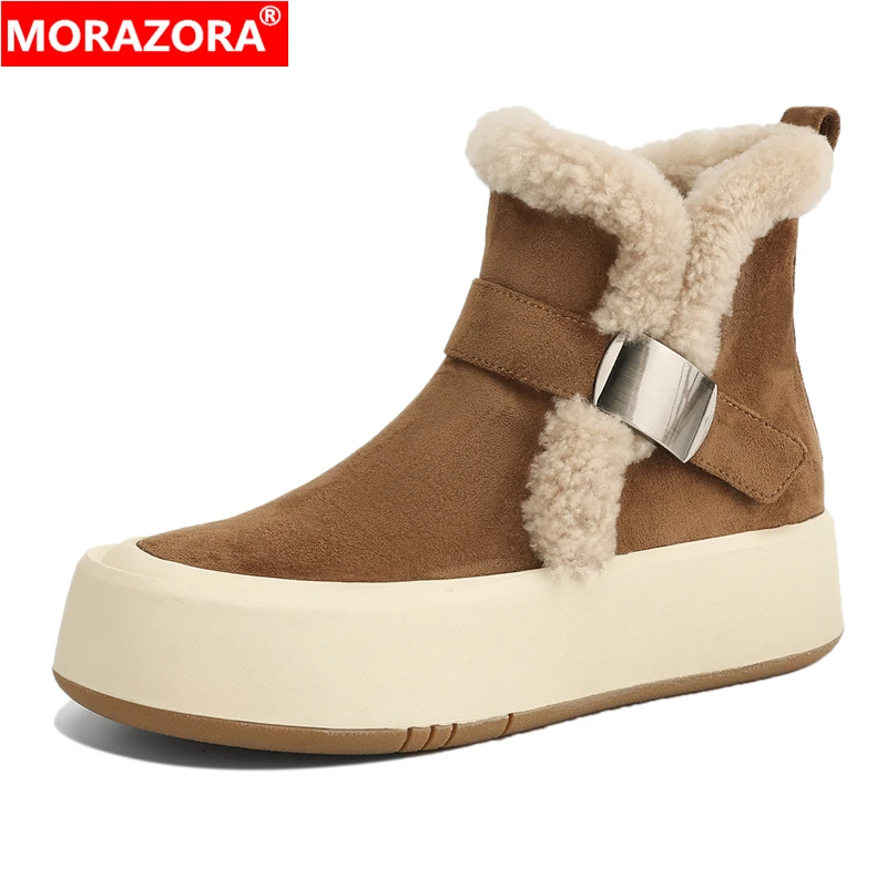 

MORAZORA/Новые замшевые шерстяные зимние ботинки с круглым носком на платформе, зимние ботинки на плоской подошве, женские теплые ботильоны на толстом меху для женской обуви