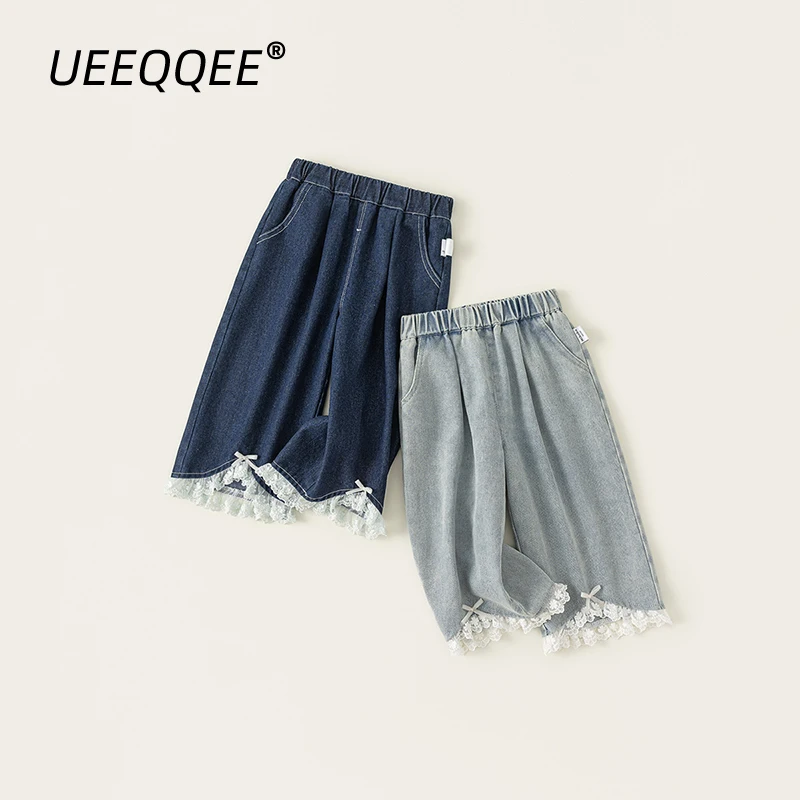 

Spring Autumn Children Jeans 1-10Y Girls Patchwork Lace Bow Straight Denim Pants Trousers Korean Toddler Wear For Kids Clothing