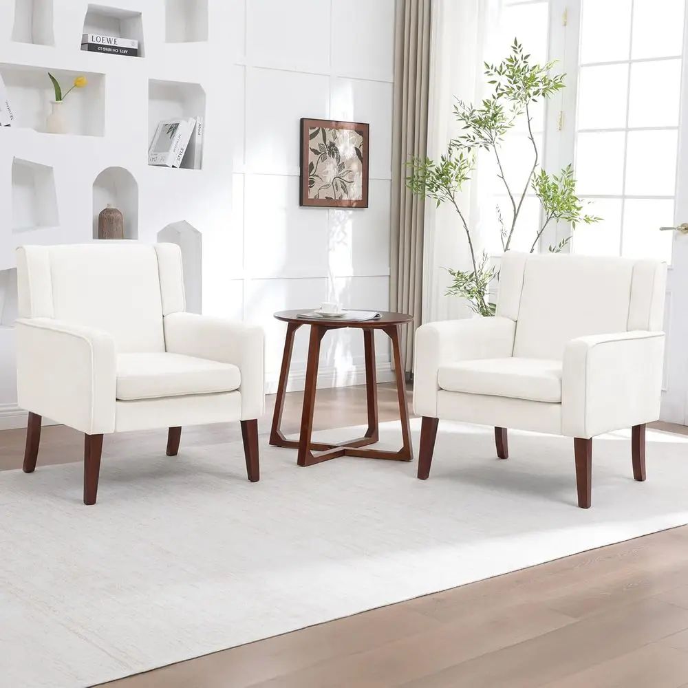 

Pair of Mid-Century Inspired Accent Chairs with Wooden Legs, Plush Upholstery for Living Room, Bedroom, or Waiting Area, Beige