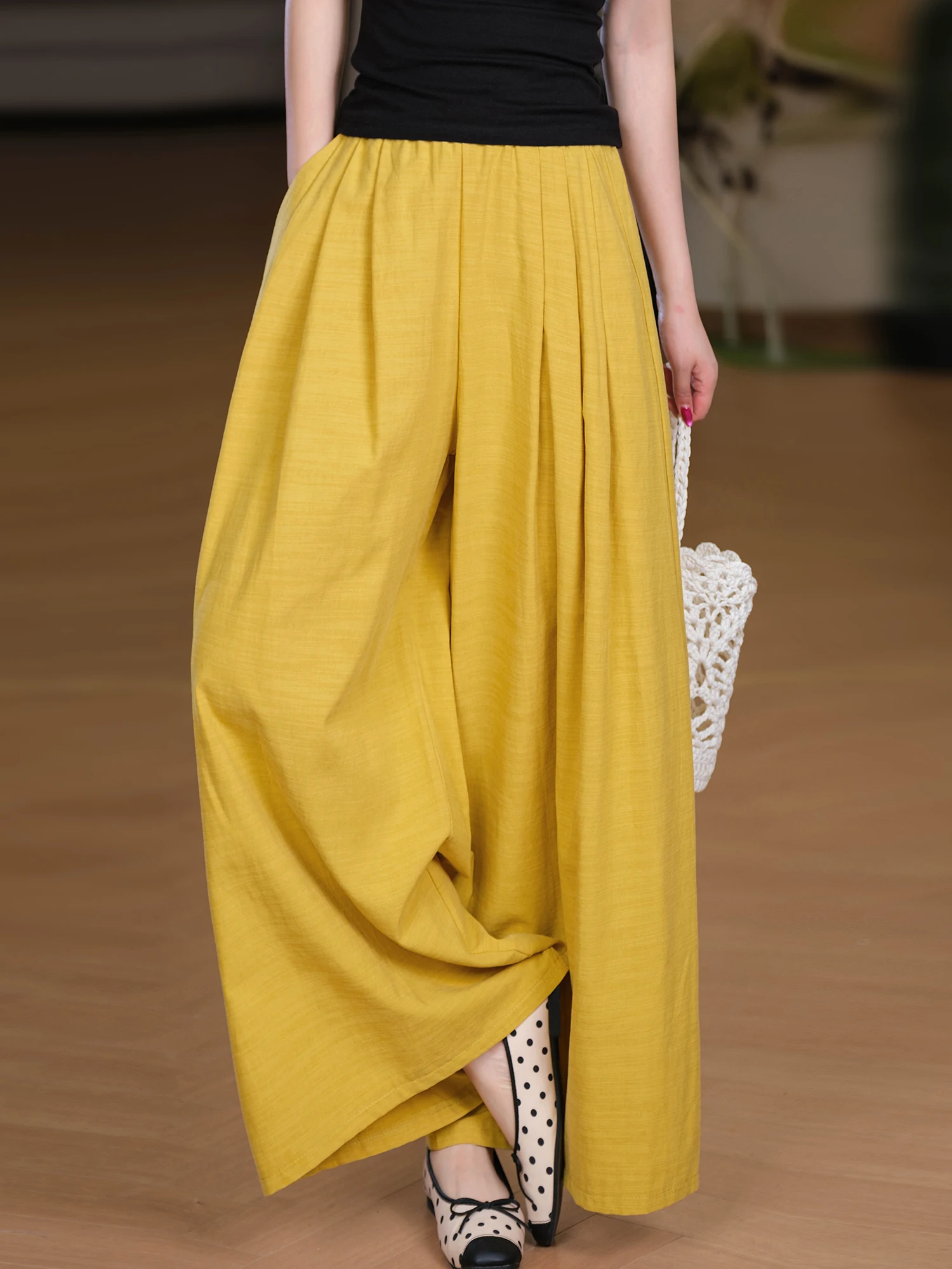 Ladies Large Pants Sensation Hemp Branch Cotton Drapey Three-Dimensional Pleats Casual Loose Fit Elastic Waist Daily Wear