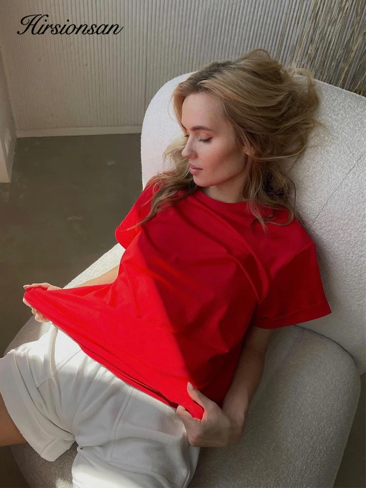 Hirsionsan-トレンディな女性用コットンTシャツ,ラウンドネックの柔らかく半袖Tシャツ,シンプルな女性用トップス100%