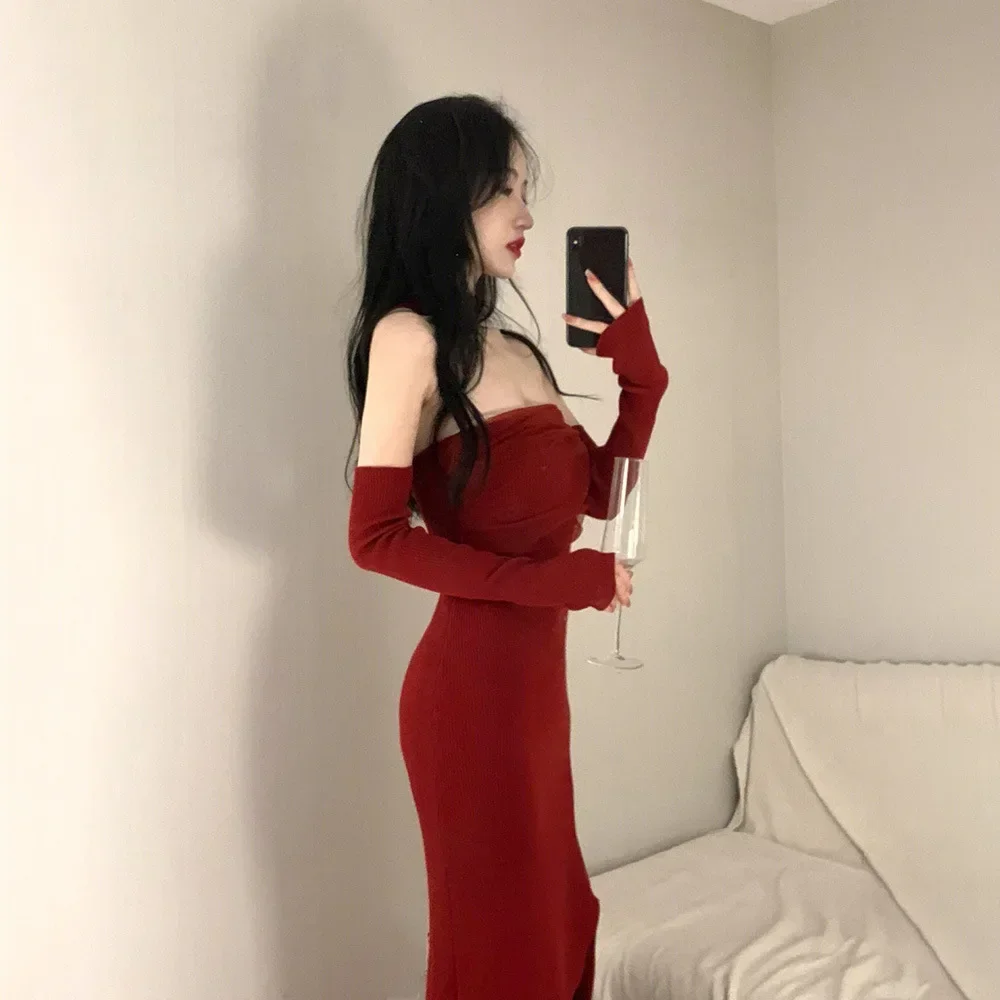 Robe fendue dos nu en fibre pour femme, Slim Fit, Robe de soirée rétro, Élégante, Rouge, Monochromatique, Sexy, Fit, Fit, Spill, Y2k