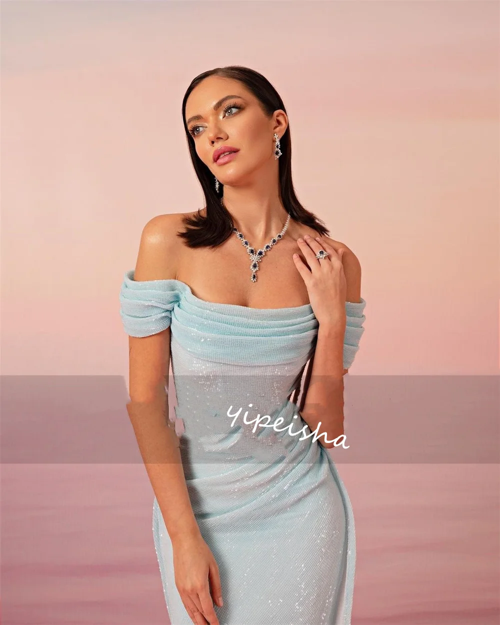 Evening Jersey Draped Graduation A-line Off-the-shoulder Bespoke Occasion Gown Long Dresses Saudi Arabia