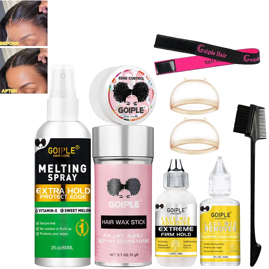 GOIPLE Lace Wig Install and Removal Kit, 9 Piece with Melting Spray Adhesive Remover Edge Control Wax Brush Elastic Band, Hair Caps