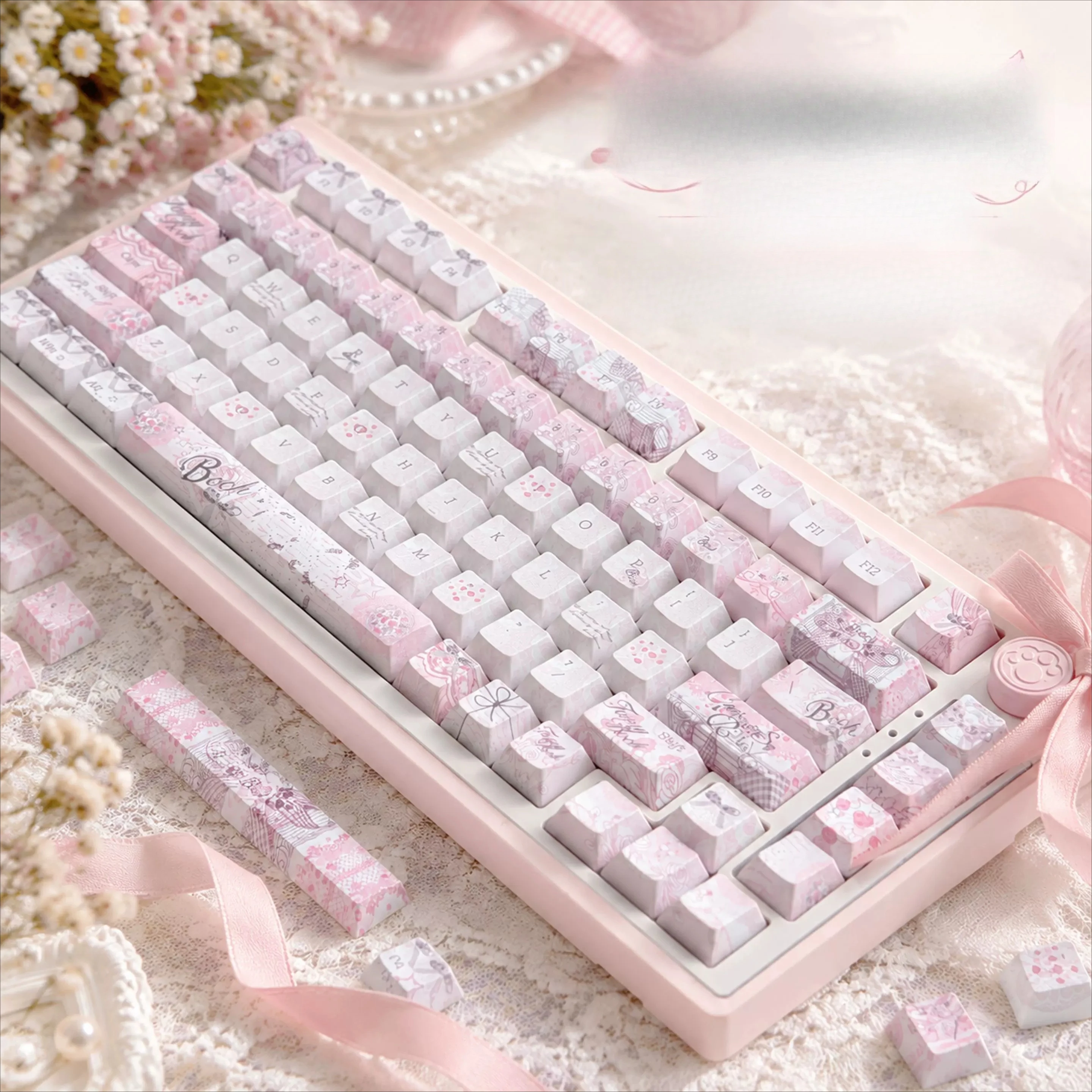 MAIMOOO Keycap Pink Lace Floating Dream Cherry Height Five Sided Heat Sublimation Personality PBT Keycap Pbt Keycap