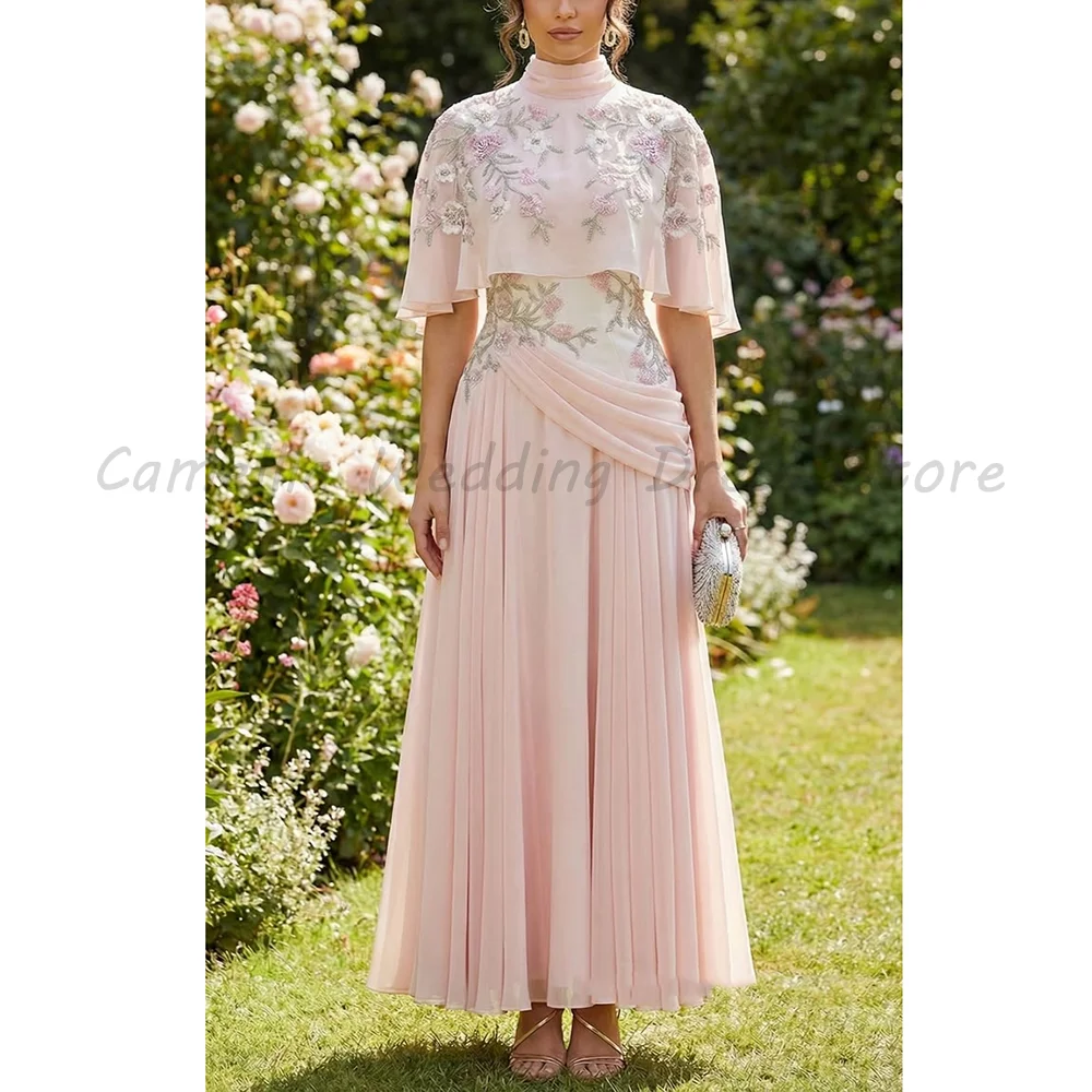 

Blush Pink High Neck Cape Sleeve Evening Gown with Floral Embroidery Beaded Bodice Pleated Chiffon A-Line Formal Maxi Dress