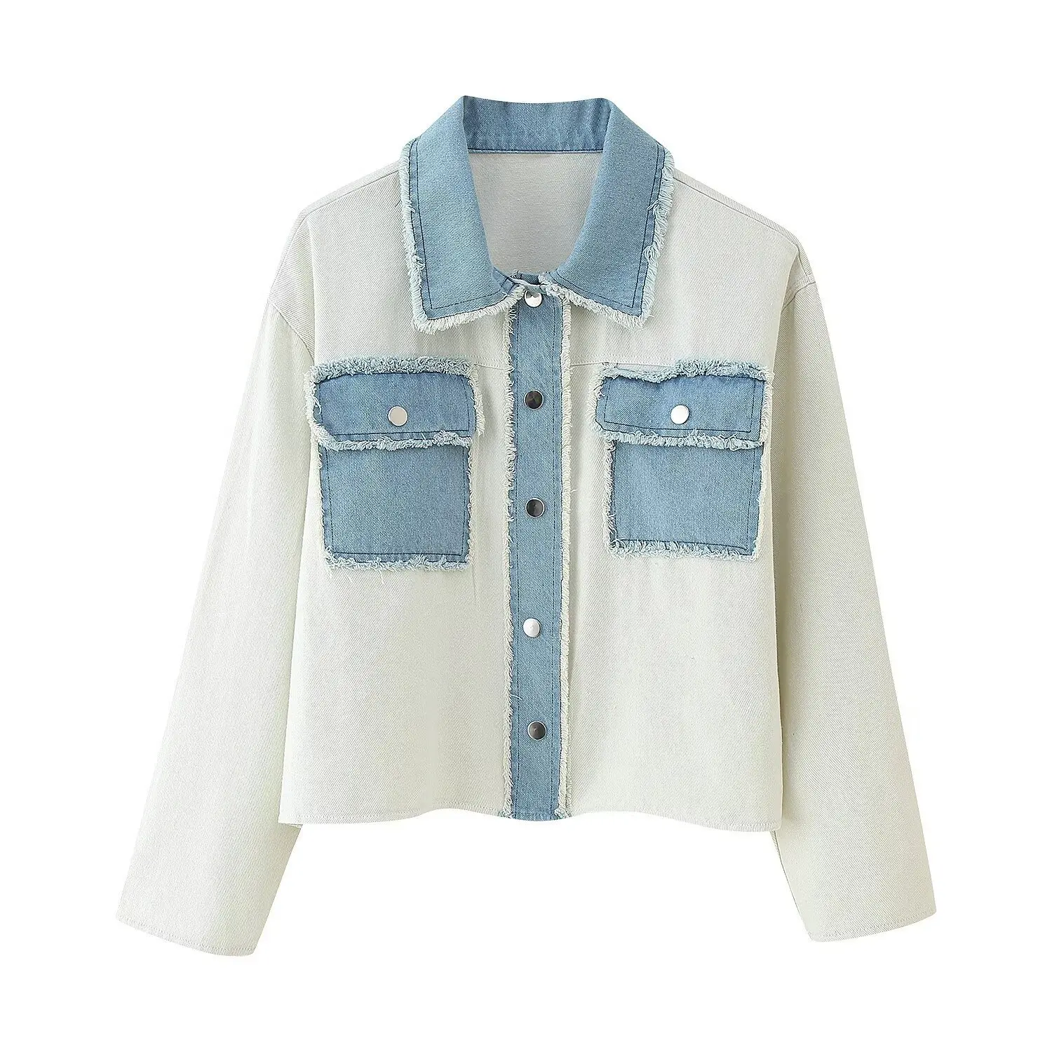 

Women Denim Spliced Coat Short Jacket Patchwork Long Sleeves Turndown Collar Single Breasted Slim Streetwear Casual 2025 Autumn