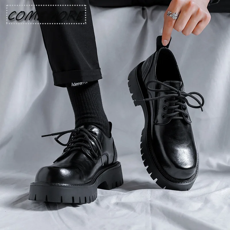 Men Platform Leather Casual Shoes Black White Vintage Male Lace Up Shoes Business Oxfords Fashion Wedding Flats Banquet Footwear