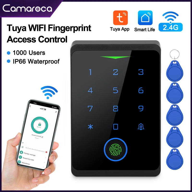 

Camaroca Tuya WiFi Door Lock Waterproof Keyless Access Control Keypad Fingerprint Door Entry Biometric Digital Lock 1000 User