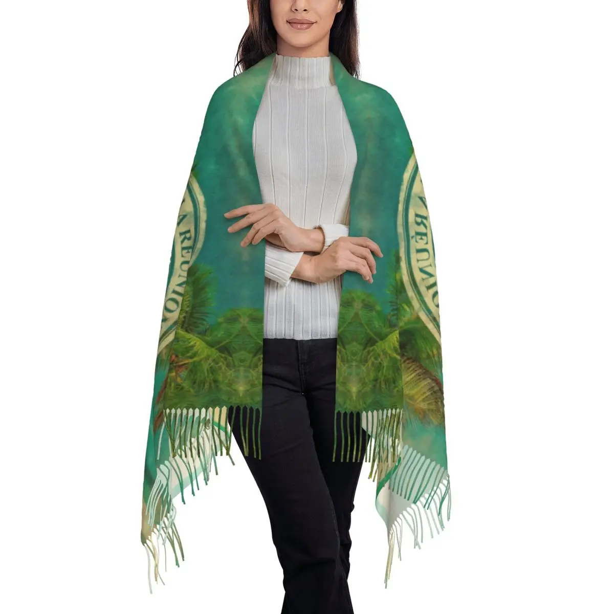 أوشحة نسائية كبيرة مخصصة من Ile De La Reunion 974 أوشحة نسائية للشتاء والخريف شال ناعم دافئ شرابة يلتف شاطئ المحيط الهندي #3