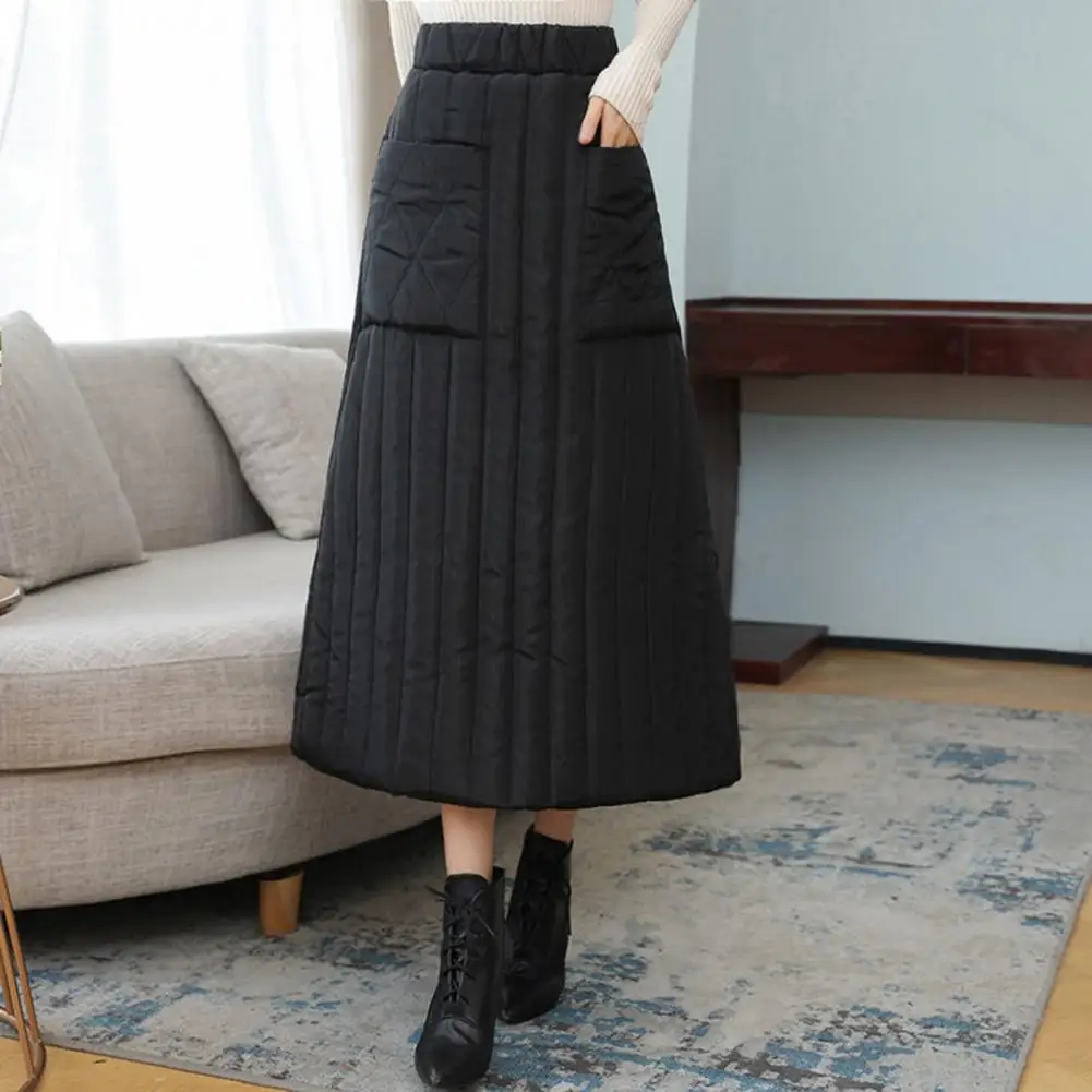 Women Down Skirt Women’s High Waist Midi Skirt Elastic Waistband A-line Swing Skirt Windproof Solid Color Down Skirts