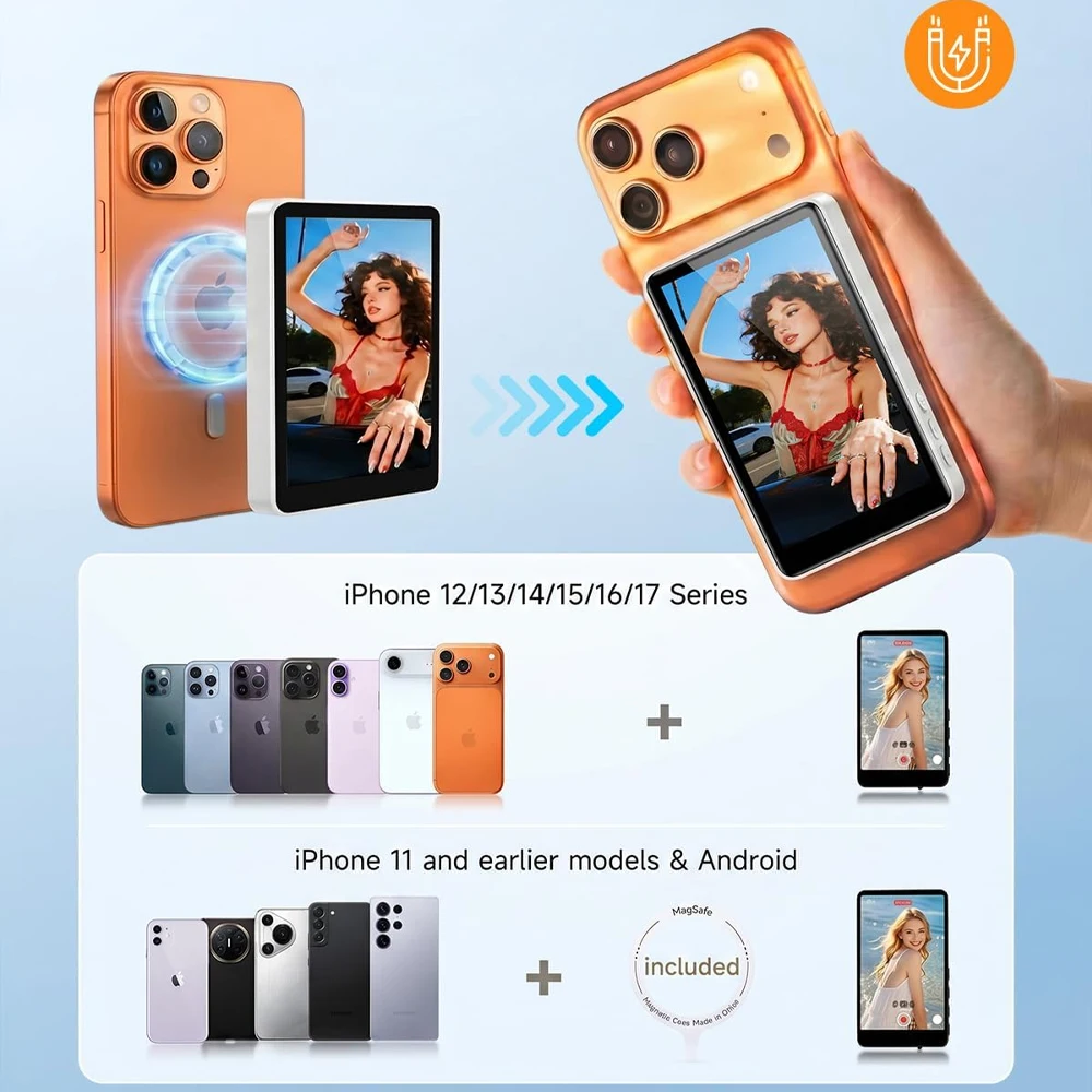 Phone Selfie Monitor Screen Wireless Magnetic Mount Vlog Phone Rear Camera Selfie WiFi Bluetooth Connection for Selfie Live