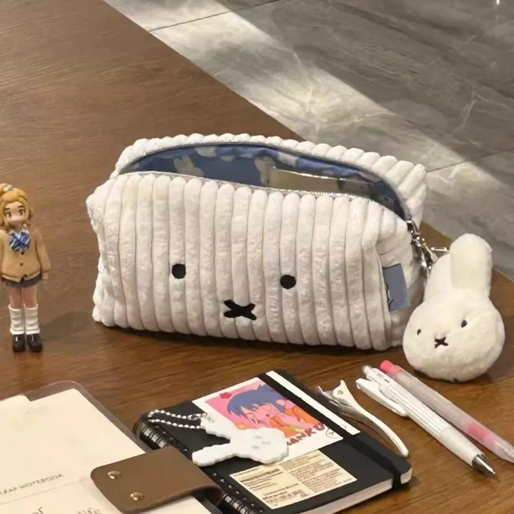 Kawaii Miffy Striped Large Capacity Student Stationery Storage Bag Portable Makeup Storage Bag Gift Toys