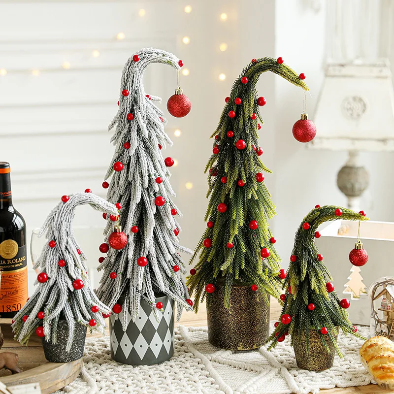 New Green Slanted Neck Mini Christmas Tree – Snowy Faux Red Berry Potted Figurine for Tabletop Display