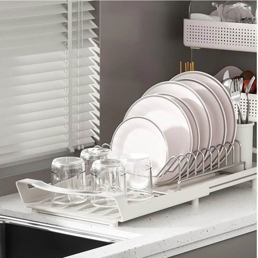 

Extendable Dish Drying Rack Space Saving Large Capacity Utensil Storage Holder Dinnerware Organizer Hollow Design Draining Tray