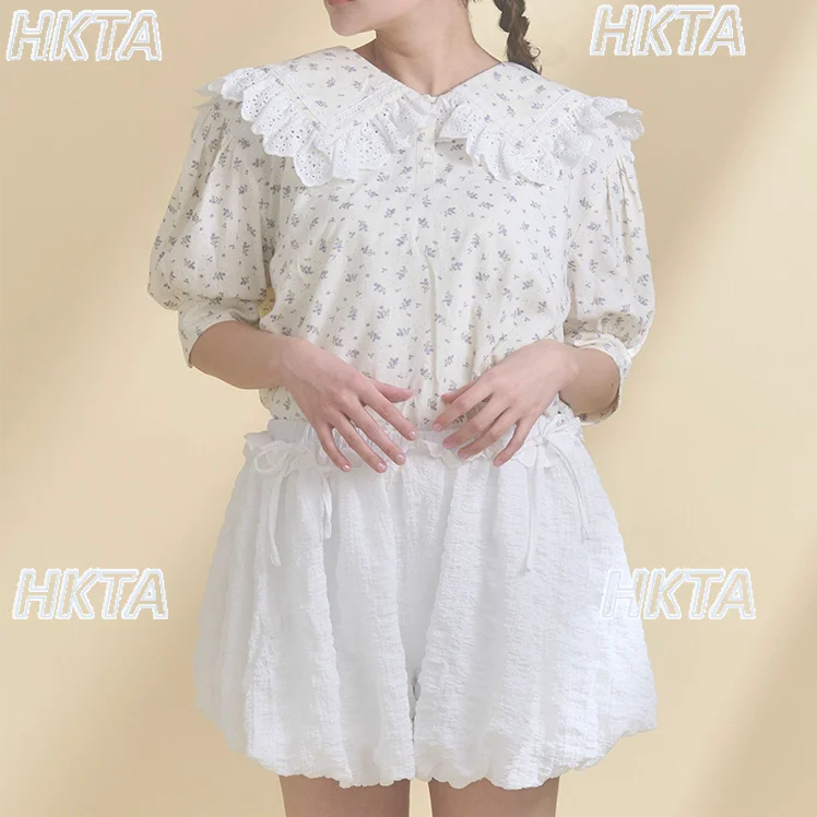 Japanese Ruffle Edge Navy Collar Lace Splicing Star Buckle Pure Cotton Shirt Girly Loose Floral Shirt Short Sleeve Camisas Women