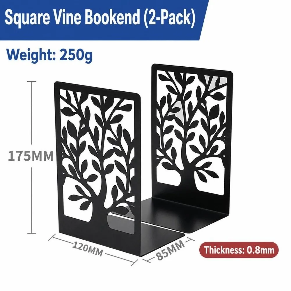 2Pcs Metal Metal Bookends Hollow Tree Pattern T-Shape Book Supports Non Slip Desktop Bookshelf Organizer Office School Home