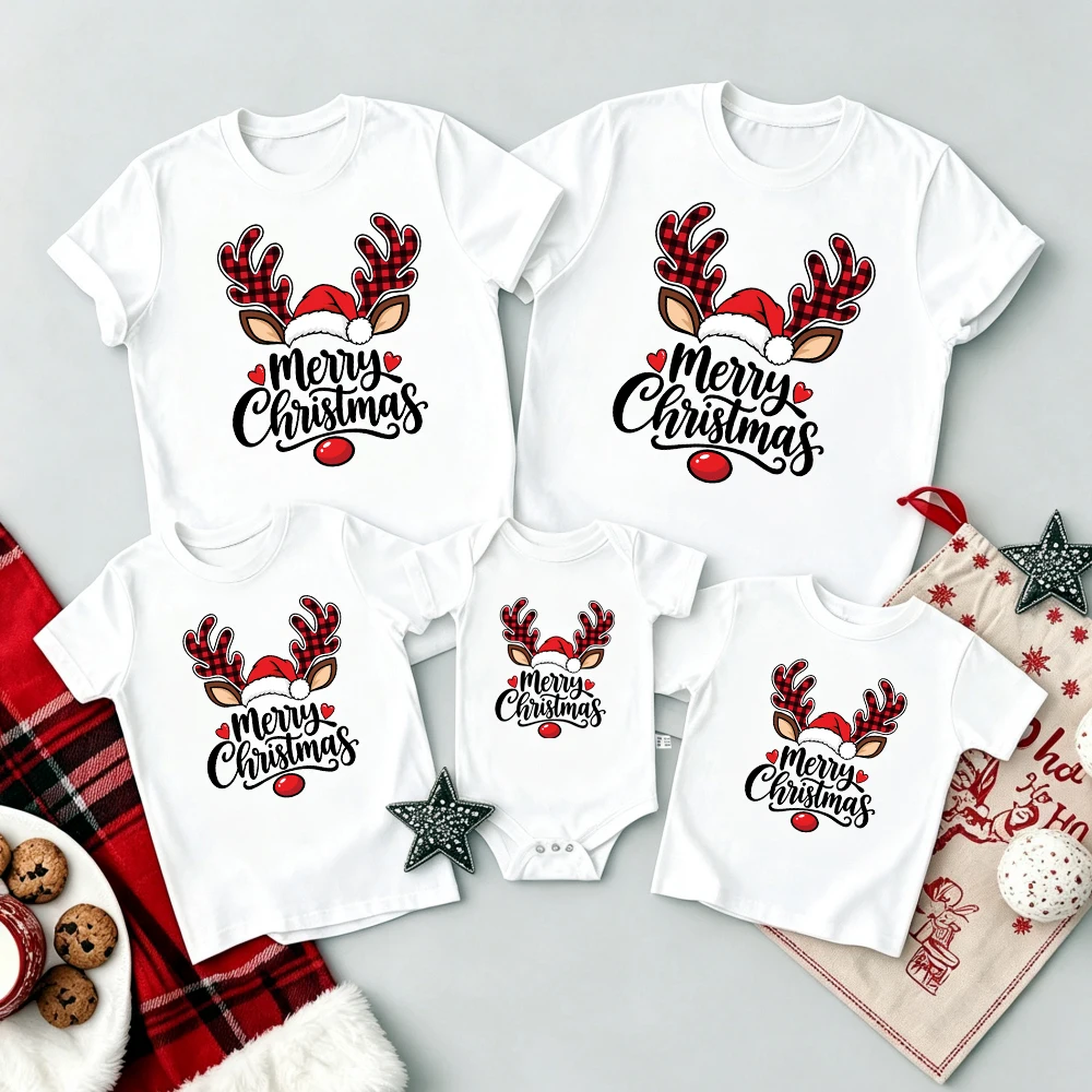Family Matching Christmas Outfits Merry Christmas Reindeer Elk Print T-shirt Mom Dad Kids Xmas Shirts Baby Bodysuit Family Look