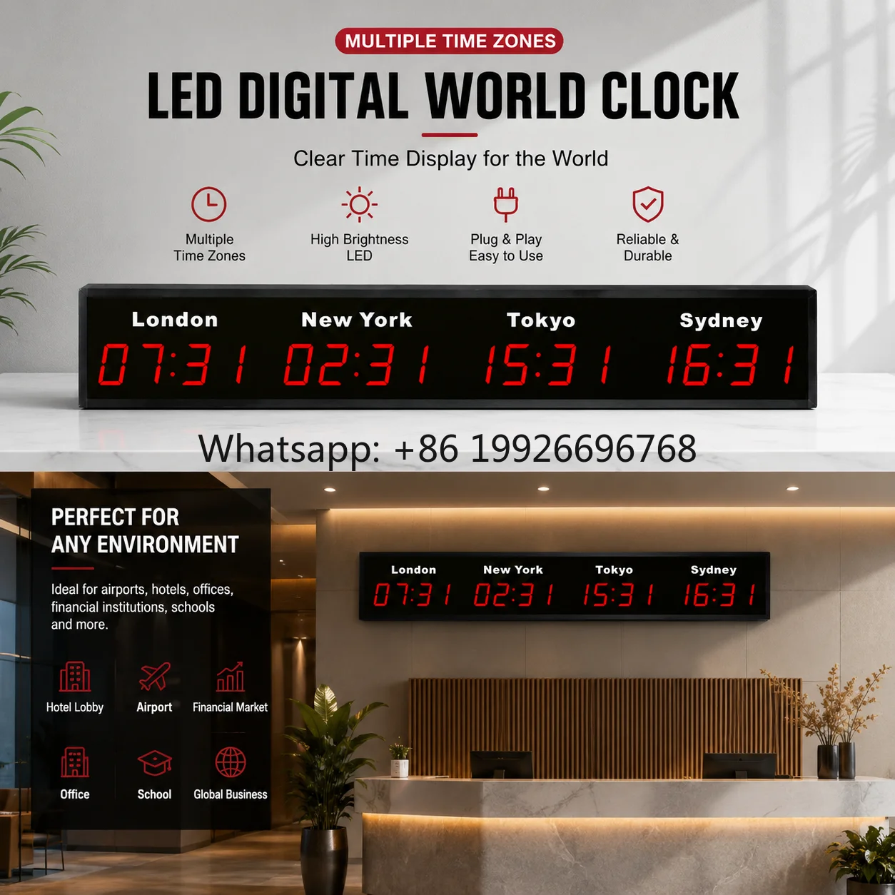 

Commercial Digital World Contemporary Square Battery Operated Calendars for Large Zone Display Office Airport Control