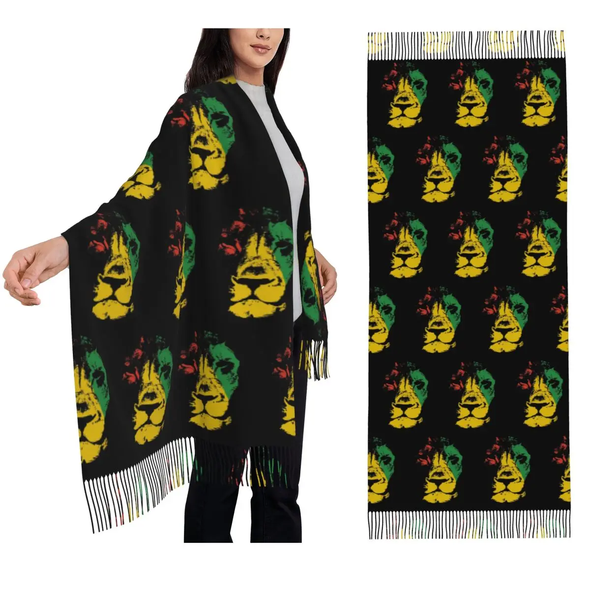 

Rastafarian Flag Lion Scarf Tassel Scarves Women Soft Warm Shawls and Wraps Large Fall Winter Shawl Wrap