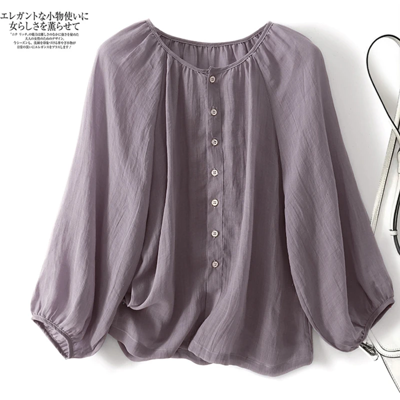 

Women's 3/4 Sleeve Button Up Cotton Linen Shirts Cardigan Vintage O-neck Spring Summer Purple Blouses Elegant Cover Ups Top