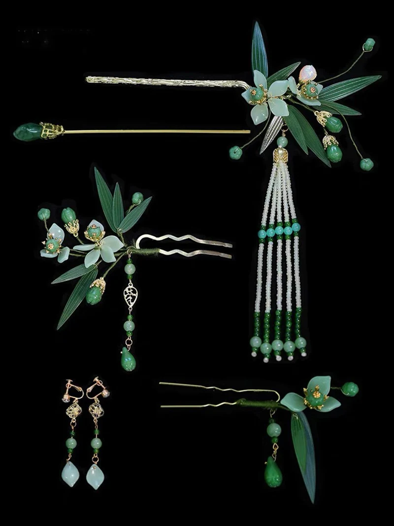 New Chinese Bride Handmade Emerald Green Bamboo Leaf Han Costume Hairpins Wedding Hair Accessories