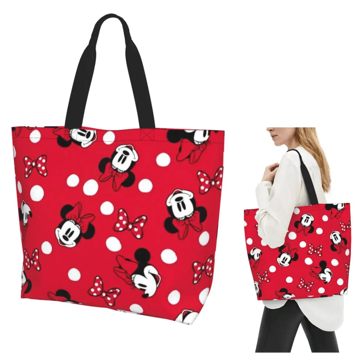 

Red Minnie Cartoon Shopping Tote Bag Canvas Large Capacity Shoulder Bags Shopper Grocery Handbag for Women