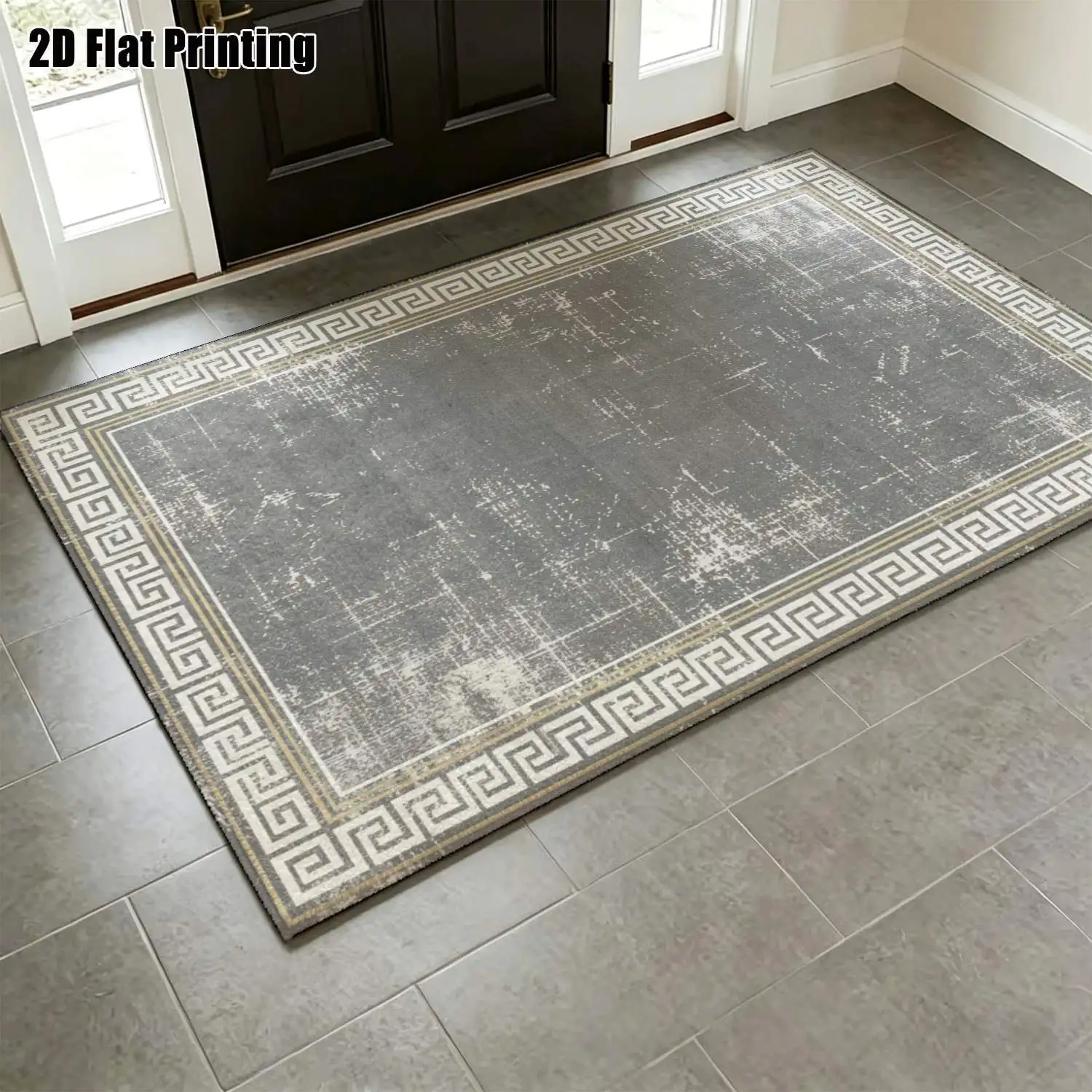 1Pc 2D Printed Retro Gray Geometric Border Carpet: Vintage European-Style Home Decor Rug, Machine Washable, Multi-Size, for Entryway, Dining Room, Foyer, Bedroom, Living Room