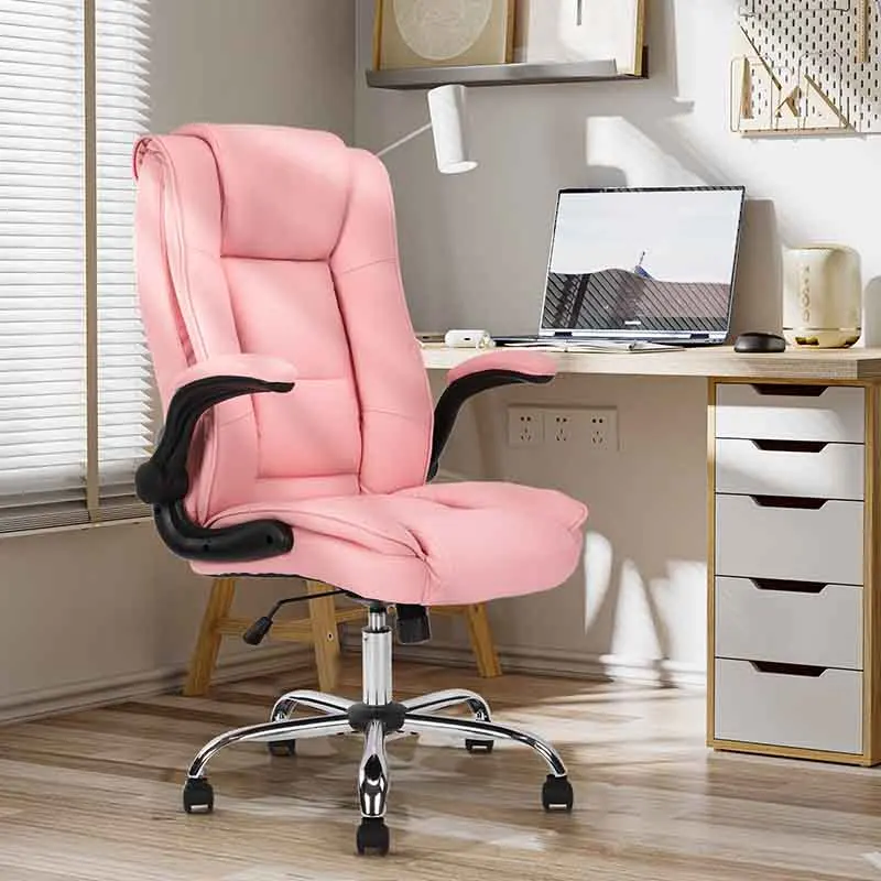 Office Chair Pink Executive Chair PU Leather Home Desk Chair With Flip-Up Armrests On-Site