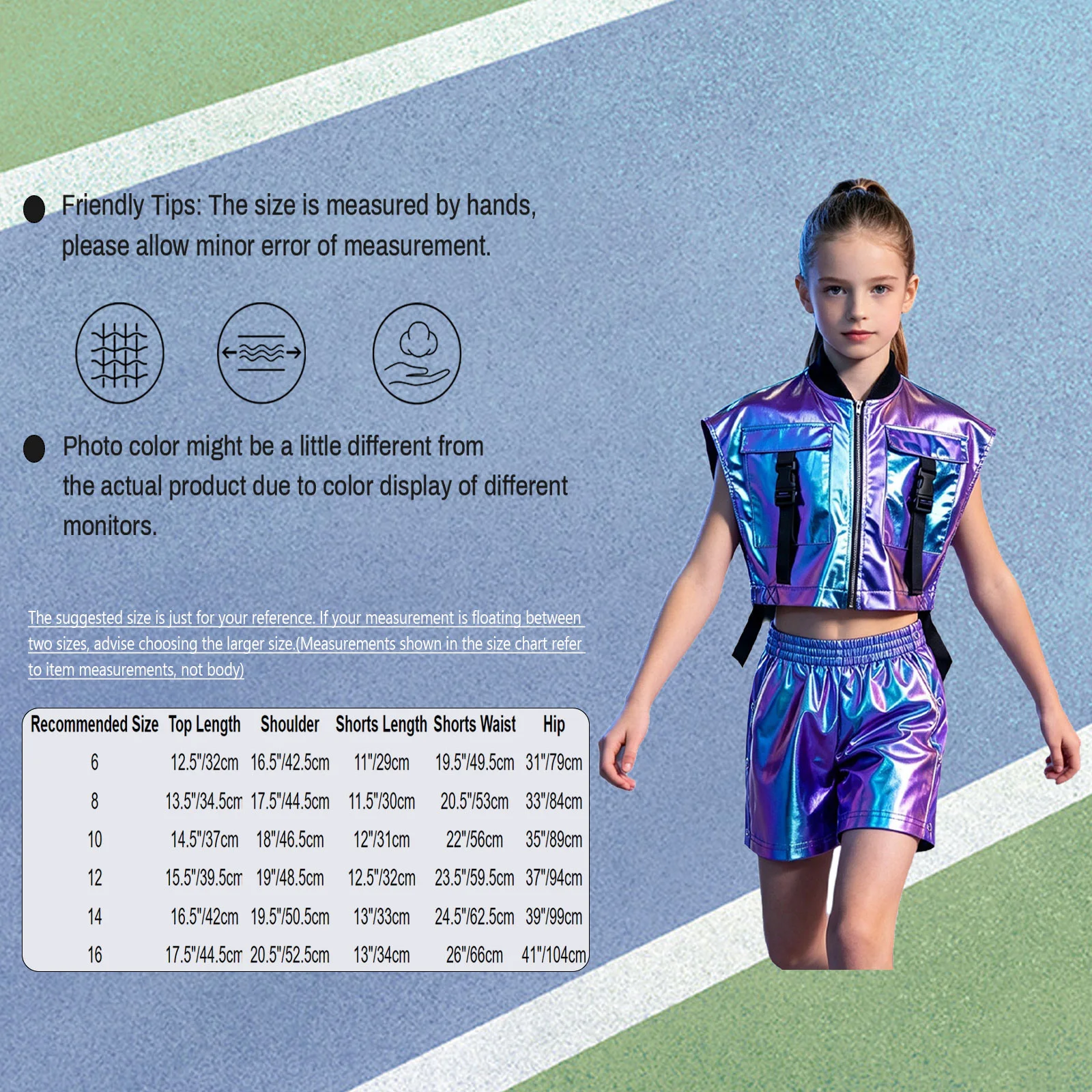 Kinder Mädchen Hip-Hop Jazz-Tanz-Outfit Aufführungskostüm mit seitlich geöffneter Metallweste mit Reißverschluss und seitlichen Druckknöpfen sowie glänzenden Shorts – Detail 1