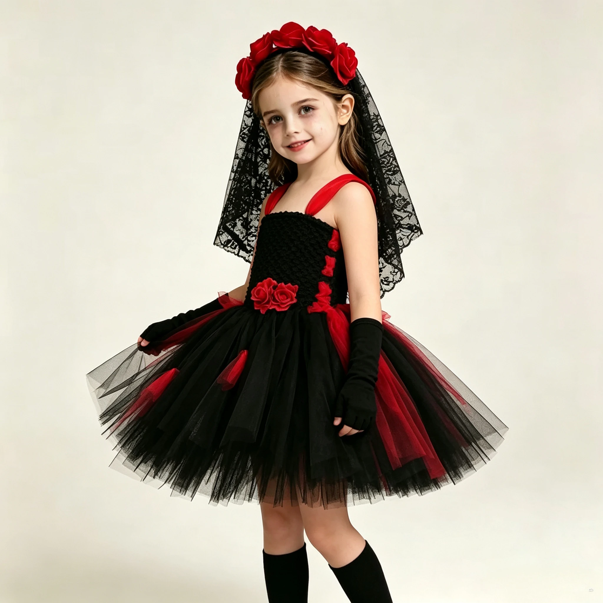 Girls Corpse Bride Ghost Bride Costume Kids Halloween Carnival Fancy Outfit with Rose Skull Bow