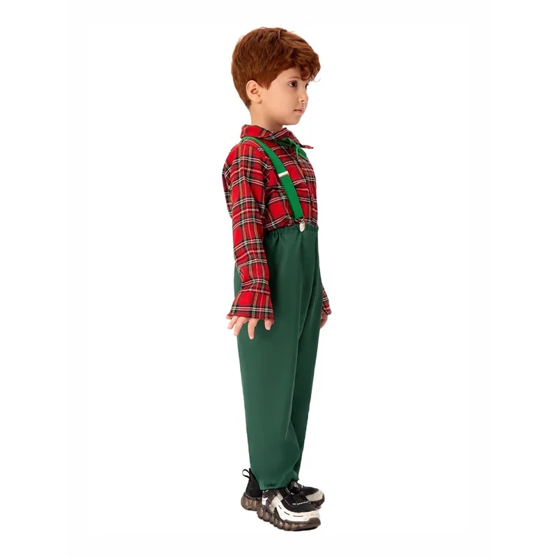 RT01 Boy Gentleman Outfit Christmas Plaid Print Button Long Sleeves Shirt Suspender Pants Set Formal Wear*Jk2